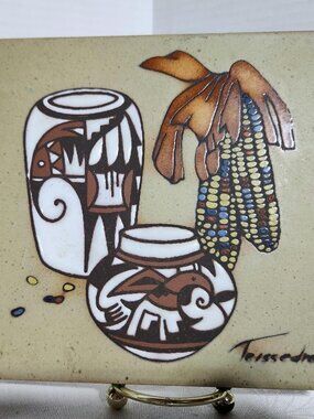 Hand Painted Ceramic Tile Southwest Pottery Design Vintage 6x6 Art Wall Decor